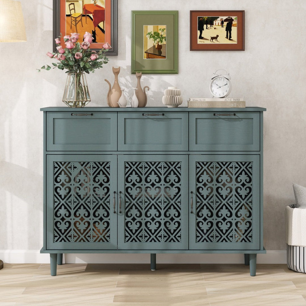 English Elm 3 Door Carved Wood Cabinet with Drawers and Black Hardware for Living Room Storage W688124214