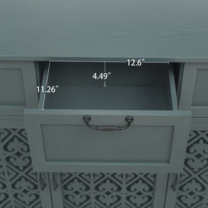 English Elm 3 Door Carved Wood Cabinet with Drawers and Black Hardware for Living Room Storage W688124214