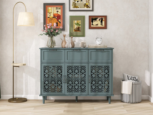 English Elm 3 Door Carved Wood Cabinet with Drawers and Black Hardware for Living Room Storage W688124214