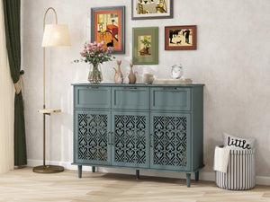 English Elm 3 Door Carved Wood Cabinet with Drawers and Black Hardware for Living Room Storage W688124214