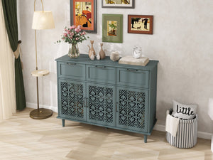 English Elm 3 Door Carved Wood Cabinet with Drawers and Black Hardware for Living Room Storage W688124214