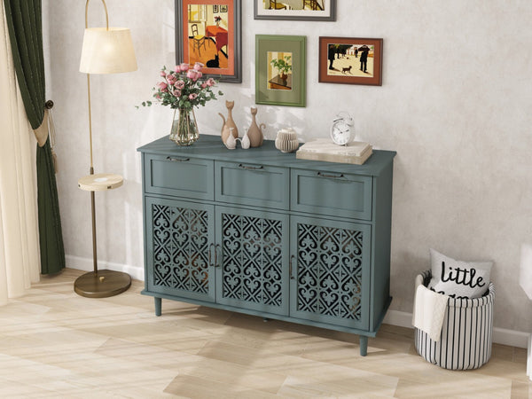 English Elm 3 Door Carved Wood Cabinet with Drawers and Black Hardware for Living Room Storage W688124214