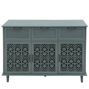 English Elm 3 Door Carved Wood Cabinet with Drawers and Black Hardware for Living Room Storage W688124214
