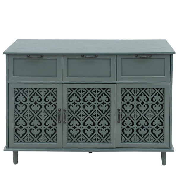English Elm 3 Door Carved Wood Cabinet with Drawers and Black Hardware for Living Room Storage W688124214