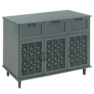 English Elm 3 Door Carved Wood Cabinet with Drawers and Black Hardware for Living Room Storage W688124214