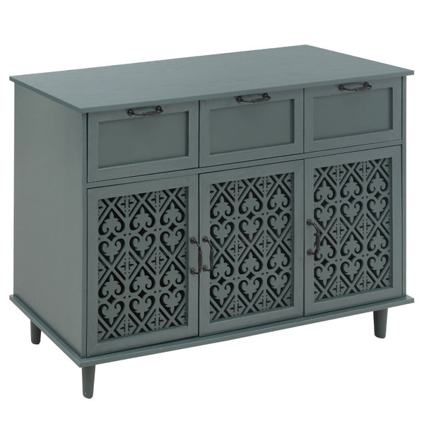 English Elm 3 Door Carved Wood Cabinet with Drawers and Black Hardware for Living Room Storage W688124214
