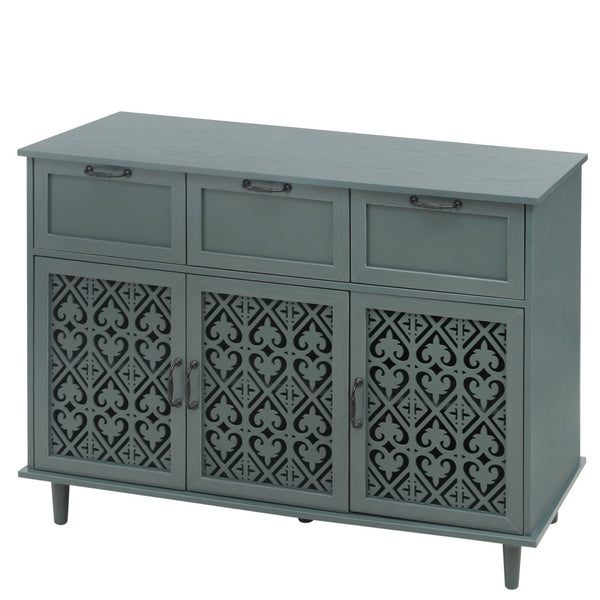 English Elm 3 Door Carved Wood Cabinet with Drawers and Black Hardware for Living Room Storage W688124214