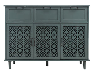 English Elm 3 Door Carved Wood Cabinet with Drawers and Black Hardware for Living Room Storage W688124214
