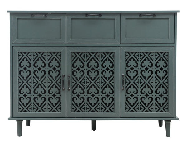 English Elm 3 Door Carved Wood Cabinet with Drawers and Black Hardware for Living Room Storage W688124214