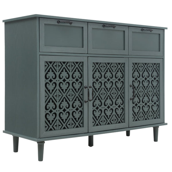 English Elm 3 Door Carved Wood Cabinet with Drawers and Black Hardware for Living Room Storage W688124214
