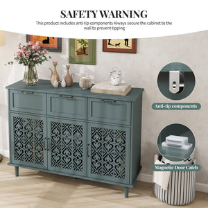English Elm 3 Door Carved Wood Cabinet with Drawers and Black Hardware for Living Room Storage W688124214