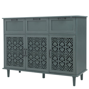 English Elm 3 Door Carved Wood Cabinet with Drawers and Black Hardware for Living Room Storage W688124214