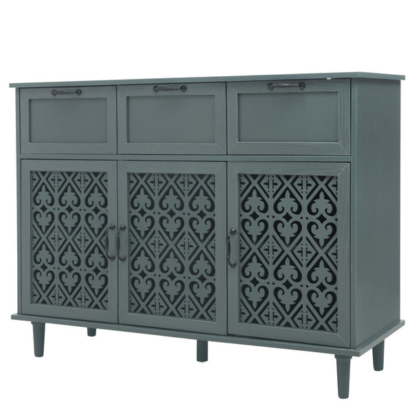 English Elm 3 Door Carved Wood Cabinet with Drawers and Black Hardware for Living Room Storage W688124214