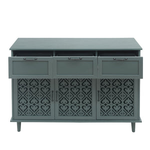 English Elm 3 Door Carved Wood Cabinet with Drawers and Black Hardware for Living Room Storage W688124214