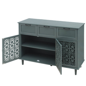English Elm 3 Door Carved Wood Cabinet with Drawers and Black Hardware for Living Room Storage W688124214