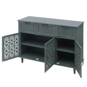English Elm 3 Door Carved Wood Cabinet with Drawers and Black Hardware for Living Room Storage W688124214