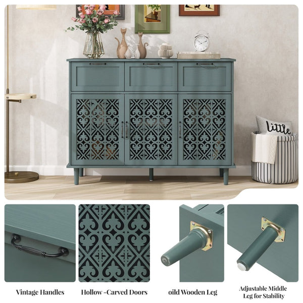 English Elm 3 Door Carved Wood Cabinet with Drawers and Black Hardware for Living Room Storage W688124214
