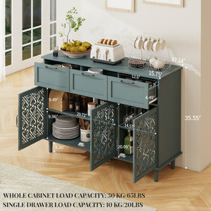 English Elm 3 Door Carved Wood Cabinet with Drawers and Black Hardware for Living Room Storage W688124214
