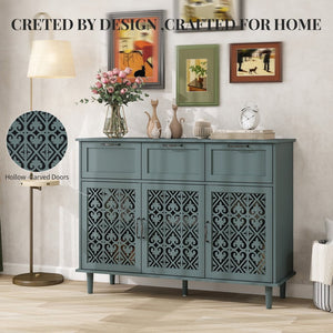 English Elm 3 Door Carved Wood Cabinet with Drawers and Black Hardware for Living Room Storage W688124214