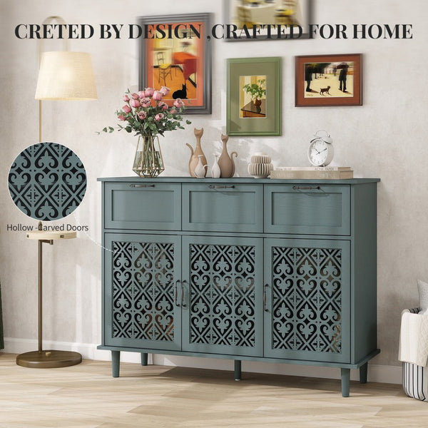 English Elm 3 Door Carved Wood Cabinet with Drawers and Black Hardware for Living Room Storage W688124214
