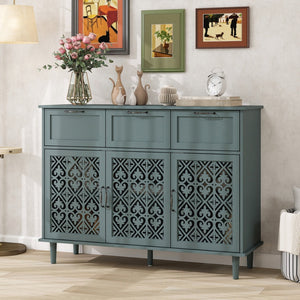 English Elm 3 Door Carved Wood Cabinet with Drawers and Black Hardware for Living Room Storage W688124214