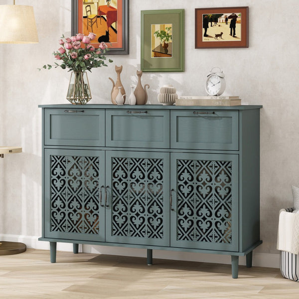 English Elm 3 Door Carved Wood Cabinet with Drawers and Black Hardware for Living Room Storage W688124214