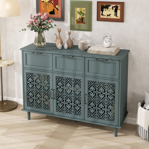 English Elm 3 Door Carved Wood Cabinet with Drawers and Black Hardware for Living Room Storage W688124214