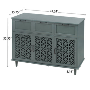 English Elm 3 Door Carved Wood Cabinet with Drawers and Black Hardware for Living Room Storage W688124214