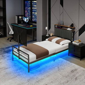 English Elm Twin Gaming Bed Iron Frame with Rotating Tv Mount Led Lighting and Console Storage Shelf W688P250762