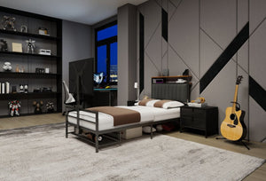 English Elm Twin Gaming Bed Iron Frame with Rotating Tv Mount Led Lighting and Console Storage Shelf W688P250762