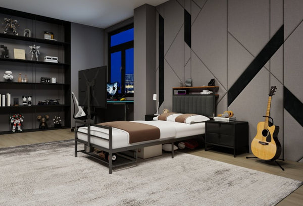 English Elm Twin Gaming Bed Iron Frame with Rotating Tv Mount Led Lighting and Console Storage Shelf W688P250762