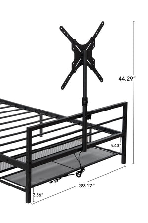 English Elm Twin Gaming Bed Iron Frame with Rotating Tv Mount Led Lighting and Console Storage Shelf W688P250762