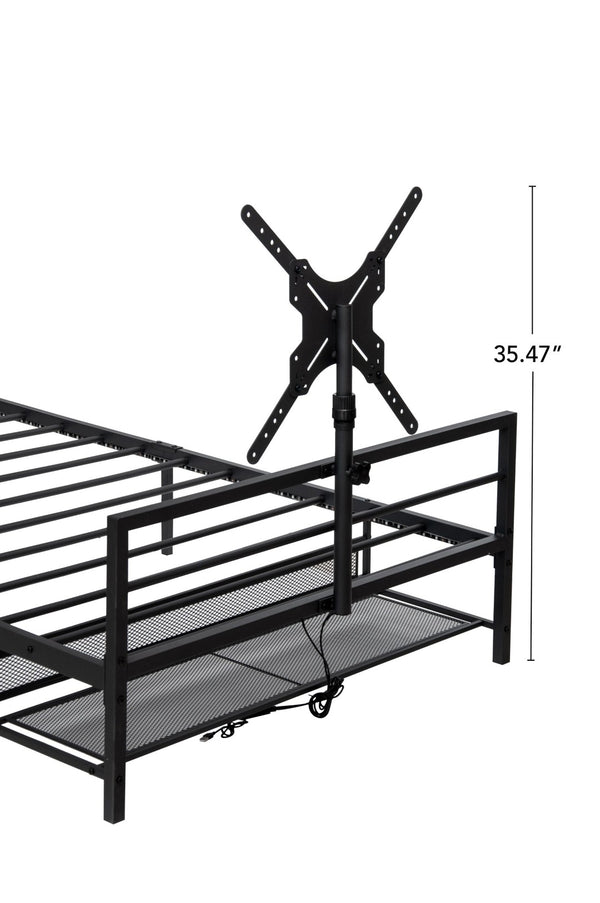 English Elm Twin Gaming Bed Iron Frame with Rotating Tv Mount Led Lighting and Console Storage Shelf W688P250762