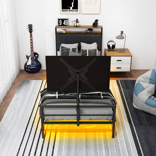 English Elm Twin Gaming Bed Iron Frame with Rotating Tv Mount Led Lighting and Console Storage Shelf W688P250762