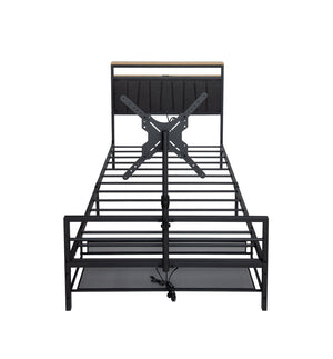 English Elm Twin Gaming Bed Iron Frame with Rotating Tv Mount Led Lighting and Console Storage Shelf W688P250762