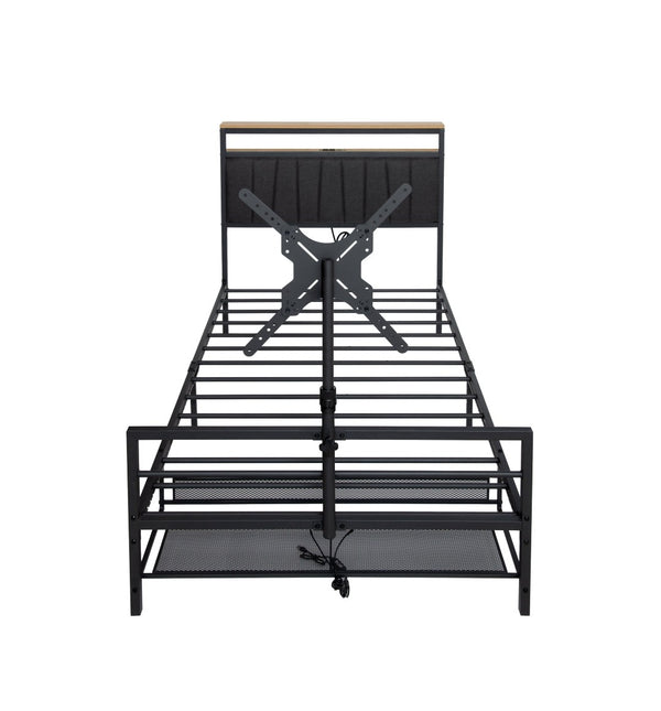 English Elm Twin Gaming Bed Iron Frame with Rotating Tv Mount Led Lighting and Console Storage Shelf W688P250762
