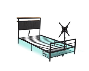 English Elm Twin Gaming Bed Iron Frame with Rotating Tv Mount Led Lighting and Console Storage Shelf W688P250762