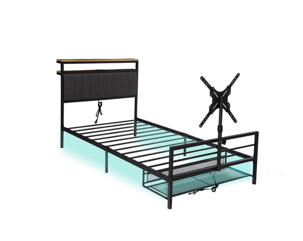 English Elm Twin Gaming Bed Iron Frame with Rotating Tv Mount Led Lighting and Console Storage Shelf W688P250762
