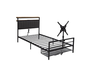 English Elm Twin Gaming Bed Iron Frame with Rotating Tv Mount Led Lighting and Console Storage Shelf W688P250762