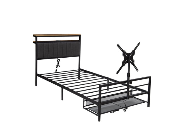 English Elm Twin Gaming Bed Iron Frame with Rotating Tv Mount Led Lighting and Console Storage Shelf W688P250762
