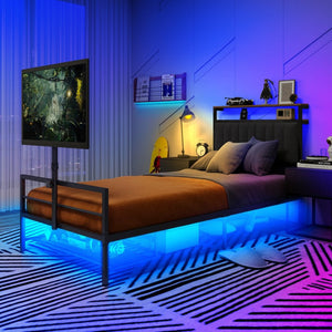 English Elm Twin Gaming Bed Iron Frame with Rotating Tv Mount Led Lighting and Console Storage Shelf W688P250762