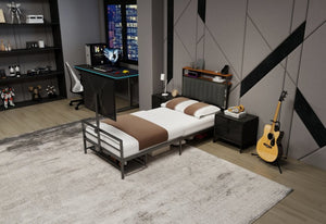English Elm Twin Gaming Bed Iron Frame with Rotating Tv Mount Led Lighting and Console Storage Shelf W688P250762