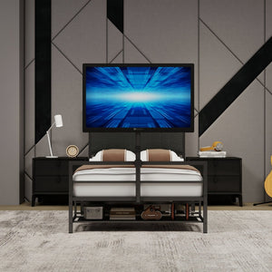 English Elm Twin Gaming Bed Iron Frame with Rotating Tv Mount Led Lighting and Console Storage Shelf W688P250762