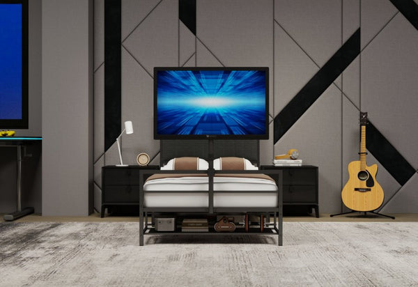 English Elm Twin Gaming Bed Iron Frame with Rotating Tv Mount Led Lighting and Console Storage Shelf W688P250762