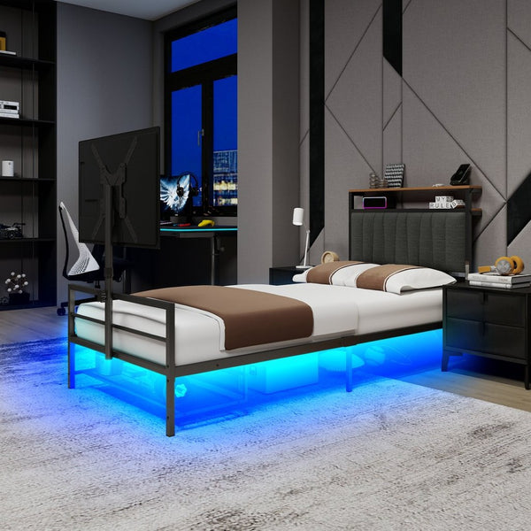 English Elm Twin Gaming Bed Iron Frame with Rotating Tv Mount Led Lighting and Console Storage Shelf W688P250762