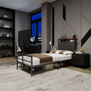 English Elm Twin Gaming Bed Iron Frame with Rotating Tv Mount Led Lighting and Console Storage Shelf W688P250762