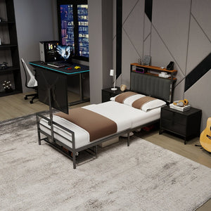 English Elm Twin Gaming Bed Iron Frame with Rotating Tv Mount Led Lighting and Console Storage Shelf W688P250762
