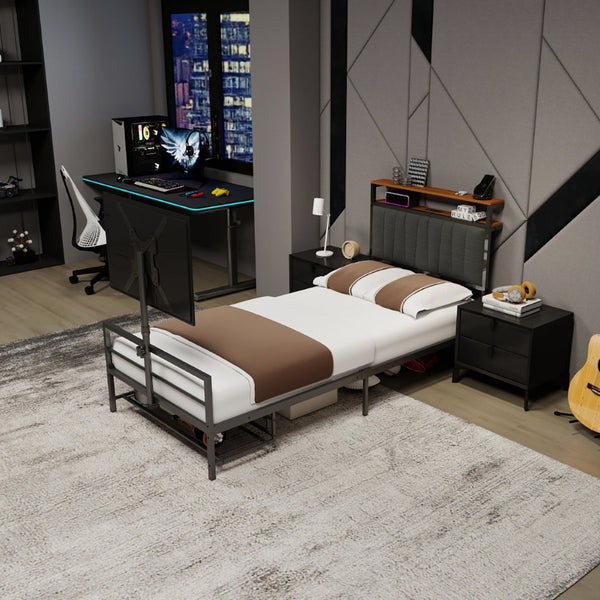 English Elm Twin Gaming Bed Iron Frame with Rotating Tv Mount Led Lighting and Console Storage Shelf W688P250762