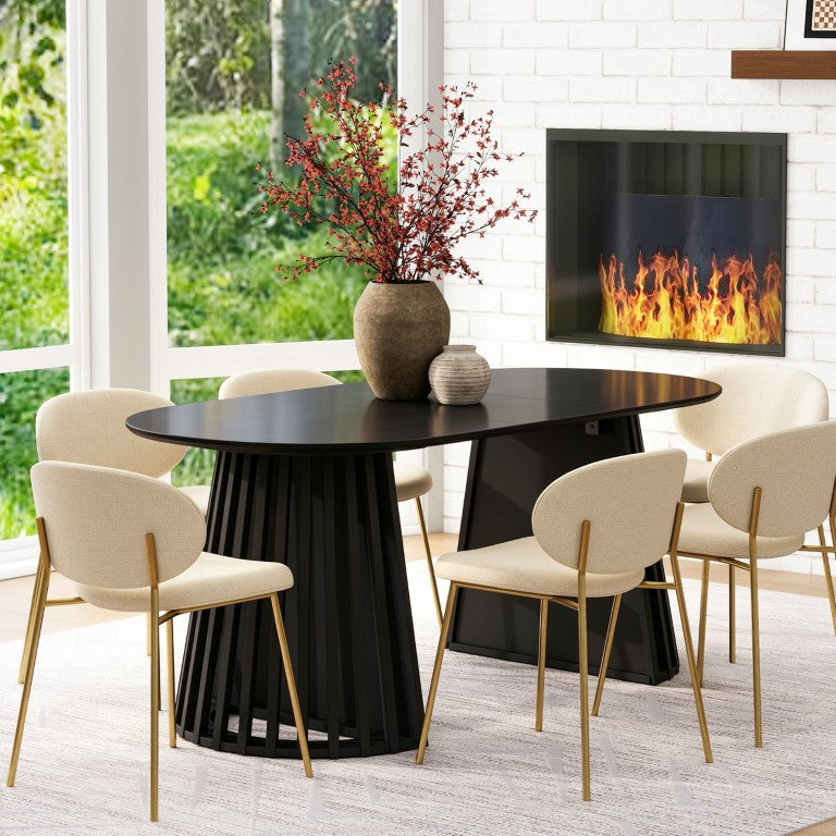 English Elm 70-Inch Expandable Oval Dining Table Matte Black MDF Sculptural Base Seats up to 8 W688P264880