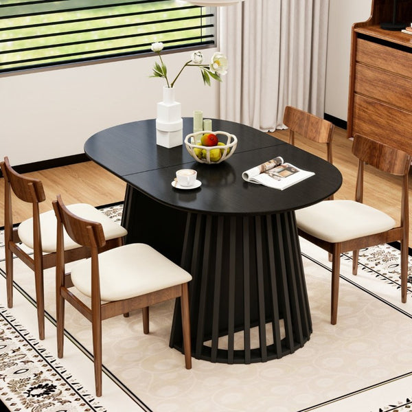 English Elm 70-Inch Expandable Oval Dining Table Matte Black MDF Sculptural Base Seats up to 8 W688P264880